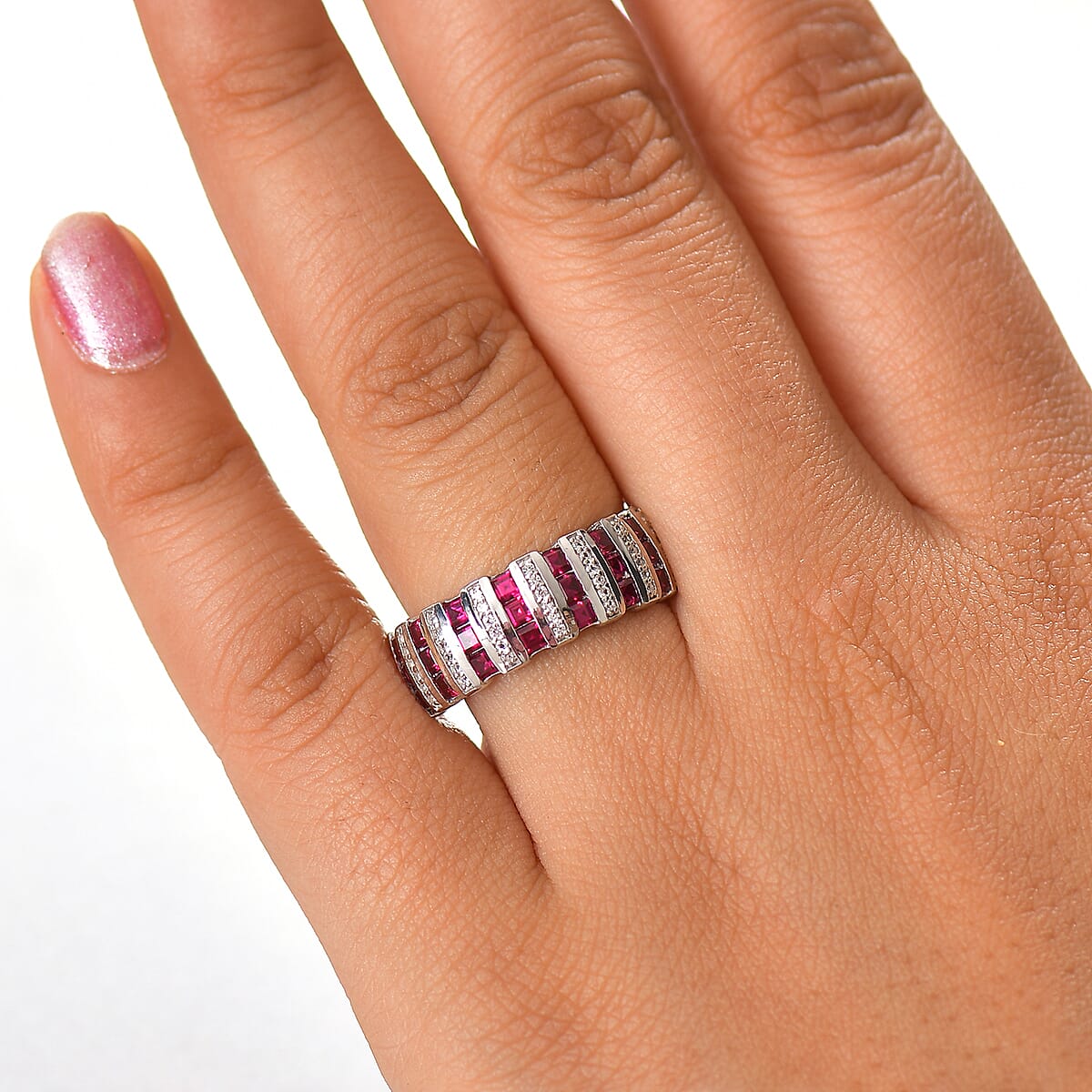 D'Joy Lab Created Ruby and Lab Created White Sapphire 1.50 ctw Celestial Symphony Ring in Rhodium Over Sterling Silver (Size 9.0) image number 2