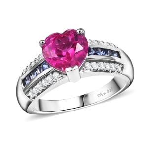 D'Joy Lab Created Pink, Blue and White Sapphire 3.00 ctw Heart Ring in Platinum Over Sterling Silver (Size 10.0)