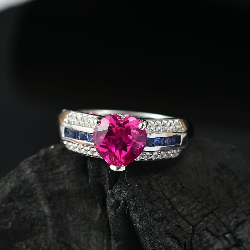 D'Joy Lab Created Pink, Blue and White Sapphire 3.00 ctw Heart Ring in Platinum Over Sterling Silver (Size 10.0)