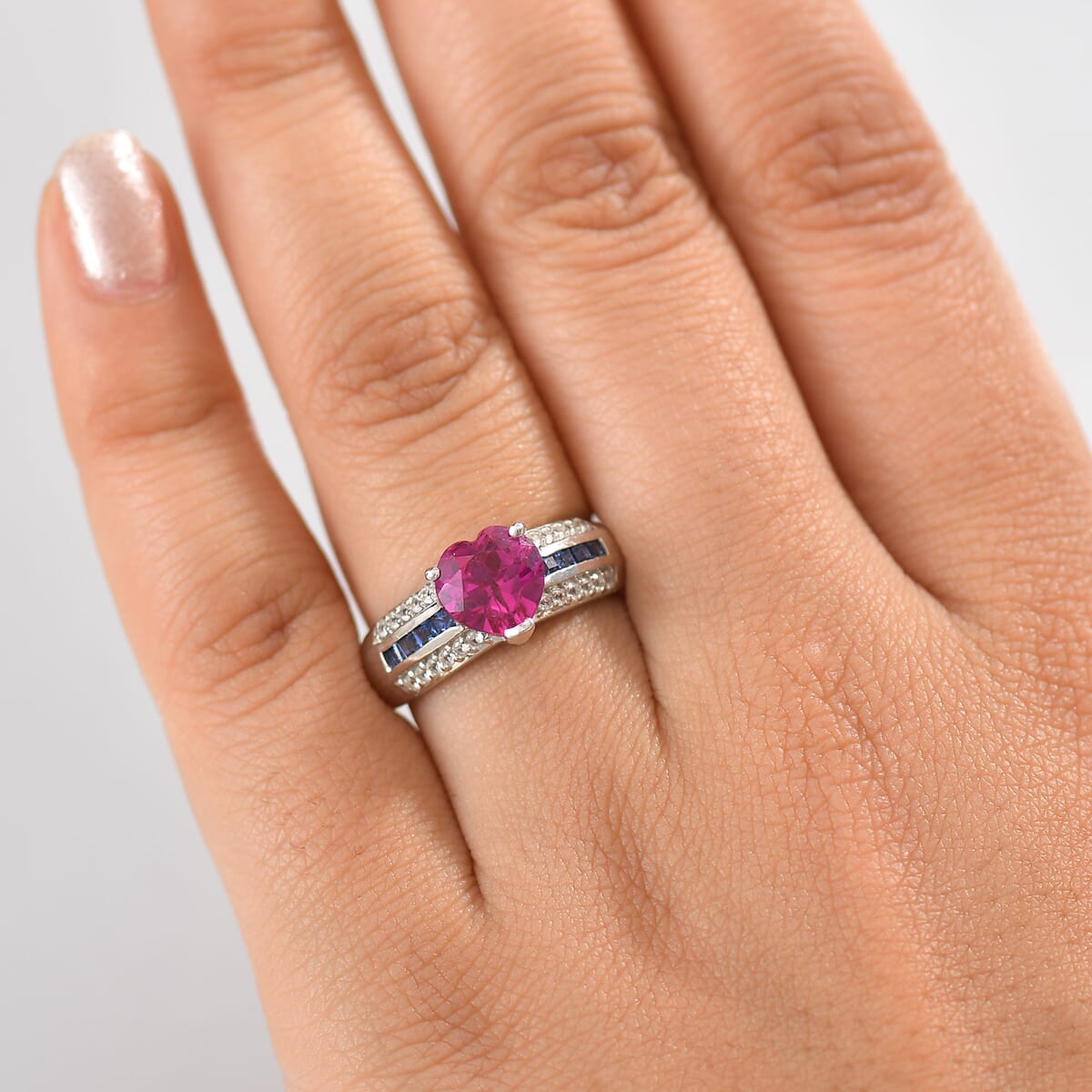 D'Joy Lab Created Pink, Blue and White Sapphire 3.00 ctw Heart Ring in Platinum Over Sterling Silver (Size 10.0) image number 2