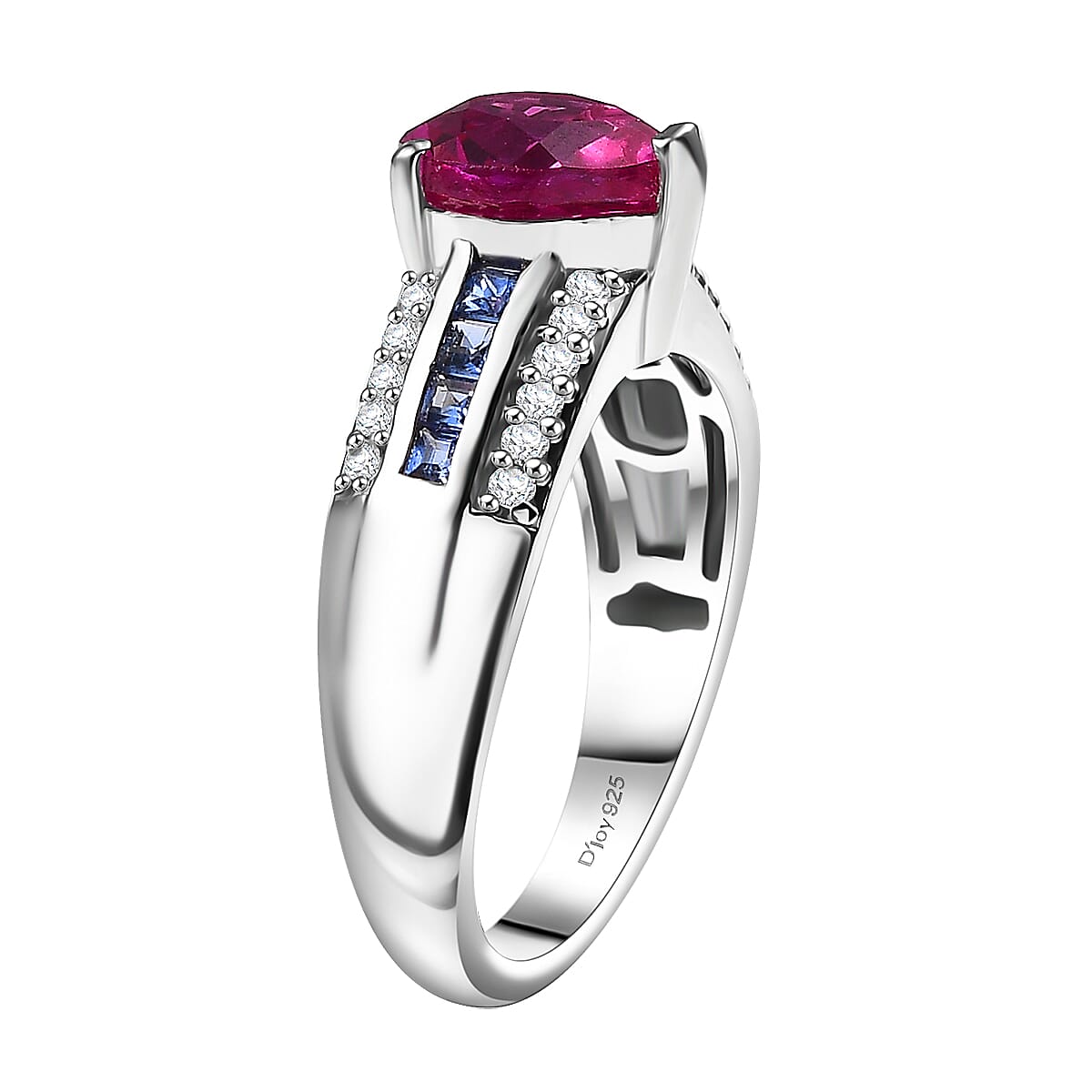 D'Joy Lab Created Pink, Blue and White Sapphire 3.00 ctw Heart Ring in Platinum Over Sterling Silver (Size 10.0)