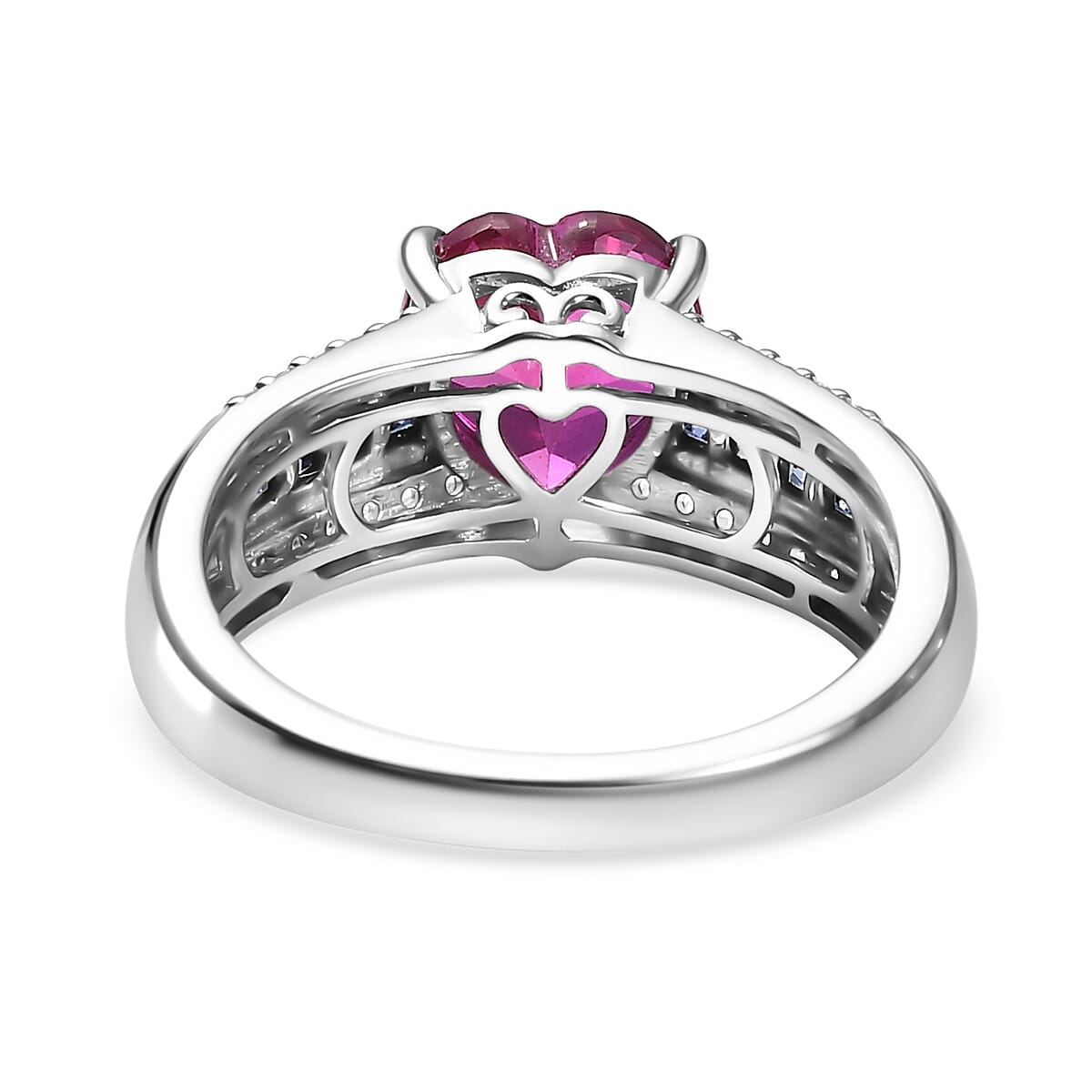 D'Joy Lab Created Pink, Blue and White Sapphire 3.00 ctw Heart Ring in Platinum Over Sterling Silver (Size 10.0) image number 4