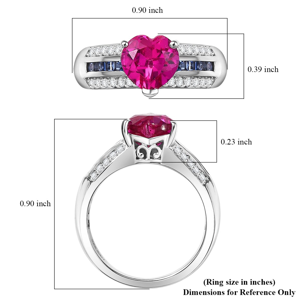 D'Joy Lab Created Pink, Blue and White Sapphire 3.00 ctw Heart Ring in Platinum Over Sterling Silver (Size 10.0) image number 5