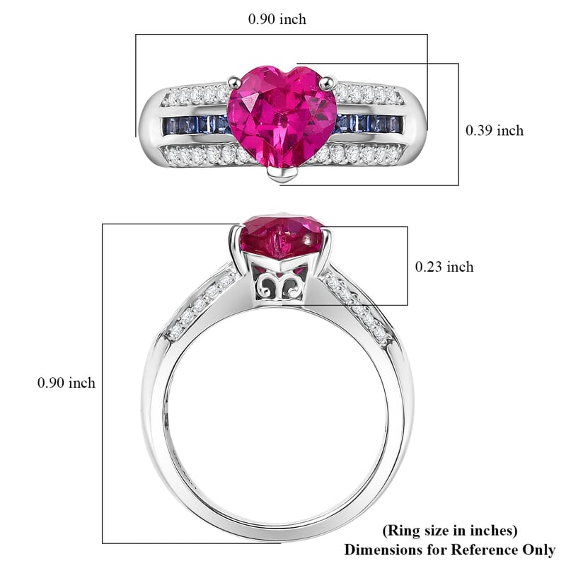 D'Joy Lab Created Pink, Blue and White Sapphire 3.00 ctw Heart Ring in Platinum Over Sterling Silver (Size 10.0)