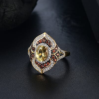D'Joy Madagascar Yellow Apatite, Brown and White Zircon 2.25 ctw Floral Vintage Ring in 18K Vermeil Yellow Gold Over Sterling Silver (Size 10.0)