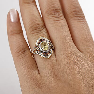 D'Joy Madagascar Yellow Apatite, Brown and White Zircon 2.25 ctw Floral Vintage Ring in 18K Vermeil Yellow Gold Over Sterling Silver (Size 10.0)
