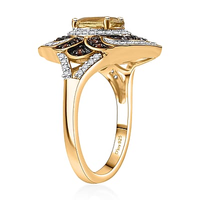 D'Joy Madagascar Yellow Apatite, Brown and White Zircon 2.25 ctw Floral Vintage Ring in 18K Vermeil Yellow Gold Over Sterling Silver (Size 10.0)