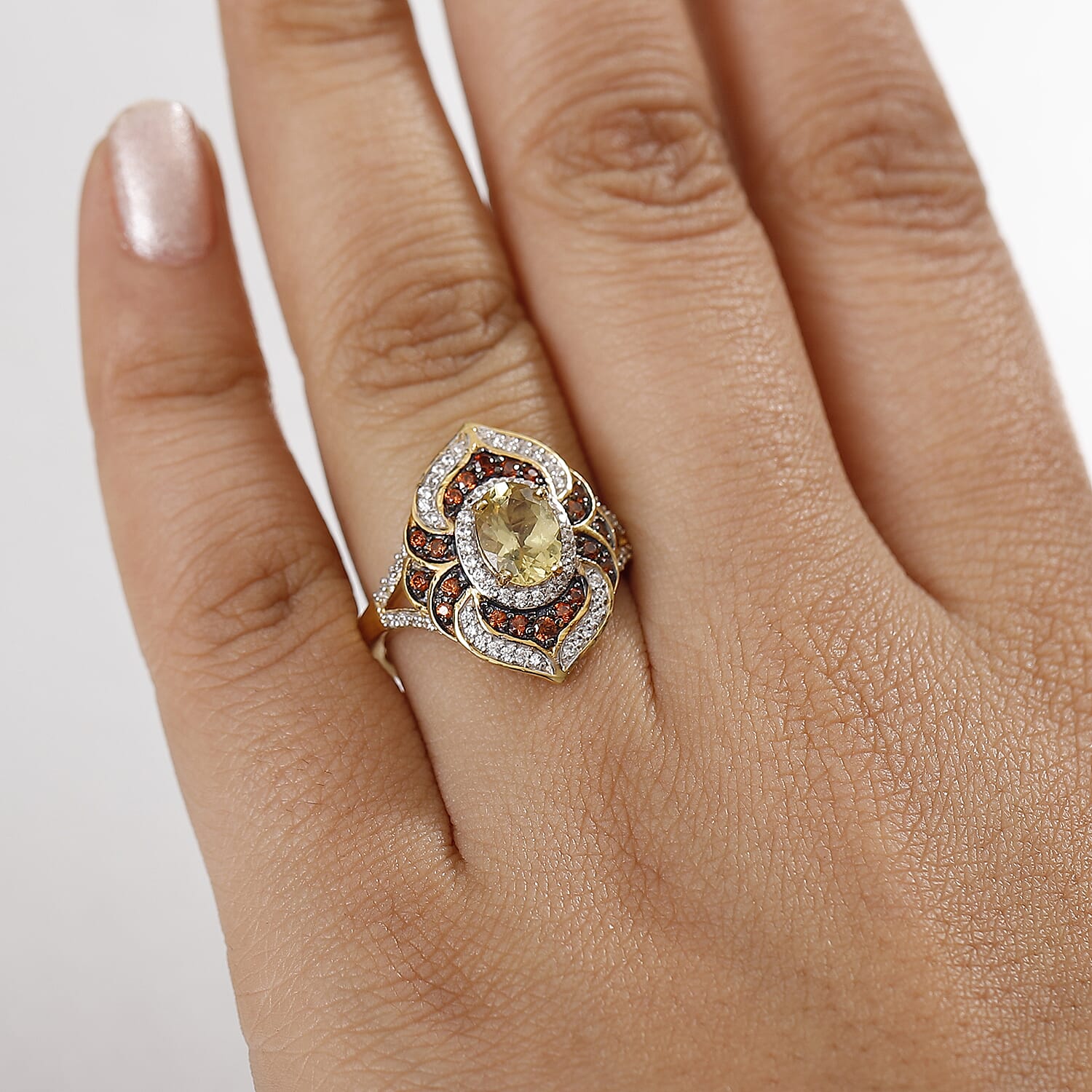D'Joy Madagascar Yellow Apatite, Brown and White Zircon 2.25 ctw Floral Vintage Ring in 18K Vermeil Yellow Gold Over Sterling Silver (Size 8.0)