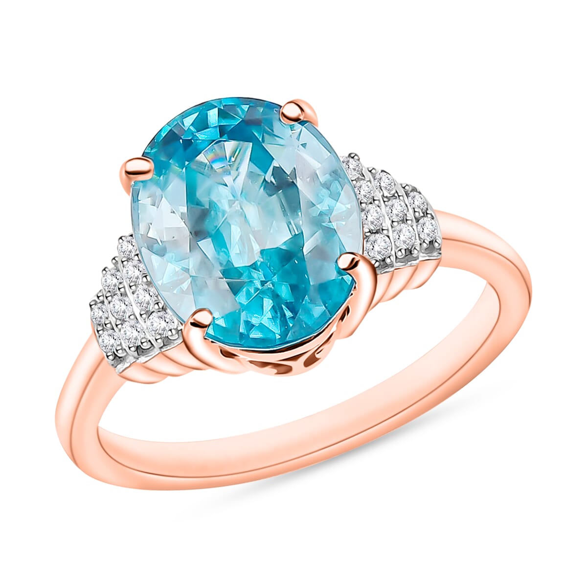 Cambodian Blue Zircon and Diamond Ring in 18K Vermeil Rose Gold Over Sterling Silver (Size 10.0) 5.60 ctw image number 0