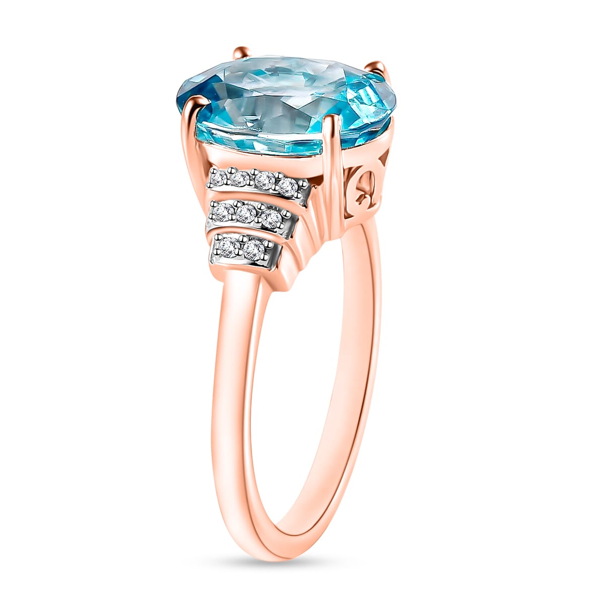 Cambodian Blue Zircon and Diamond Ring in 18K Vermeil Rose Gold Over Sterling Silver (Size 10.0) 5.60 ctw image number 2