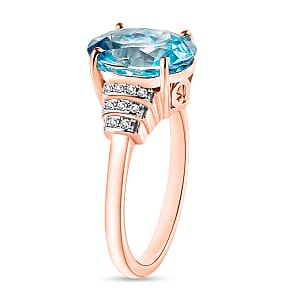 Cambodian Blue Zircon and Diamond 5.60 ctw Ring in 18K Vermeil Rose Gold Over Sterling Silver (Size 10.0) (Del. in 10-12 Days)