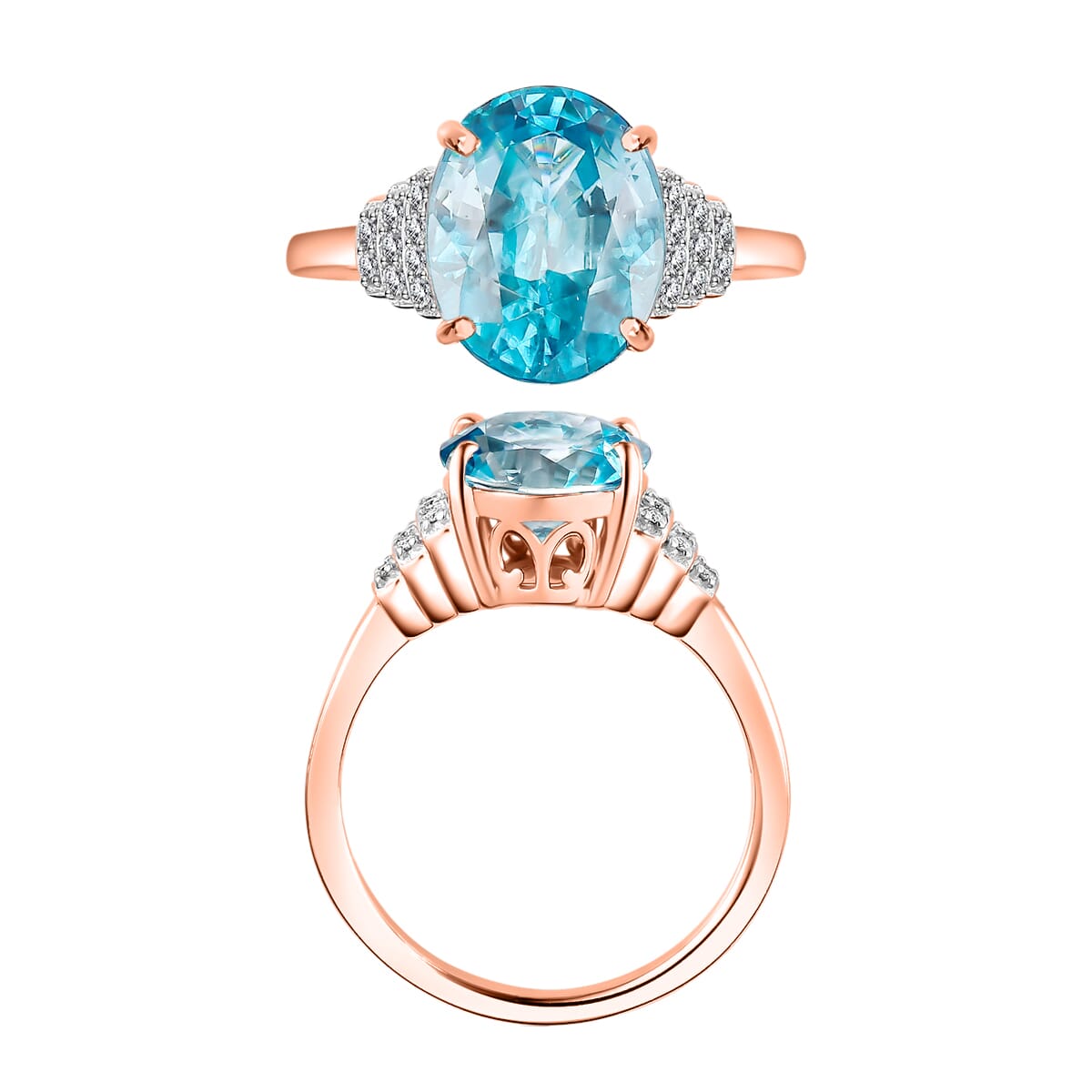 Cambodian Blue Zircon and Diamond Ring in 18K Vermeil Rose Gold Over Sterling Silver (Size 10.0) 5.60 ctw image number 3