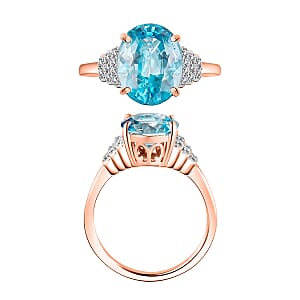 Cambodian Blue Zircon and Diamond 5.60 ctw Ring in 18K Vermeil Rose Gold Over Sterling Silver (Size 10.0) (Del. in 10-12 Days)