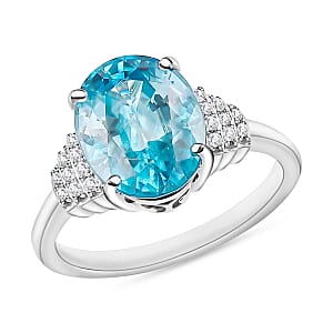 Cambodian Blue Zircon and Diamond 5.60 ctw Ring in Rhodium Over Sterling Silver (Size 7.0) (Del. in 10-12 Days)