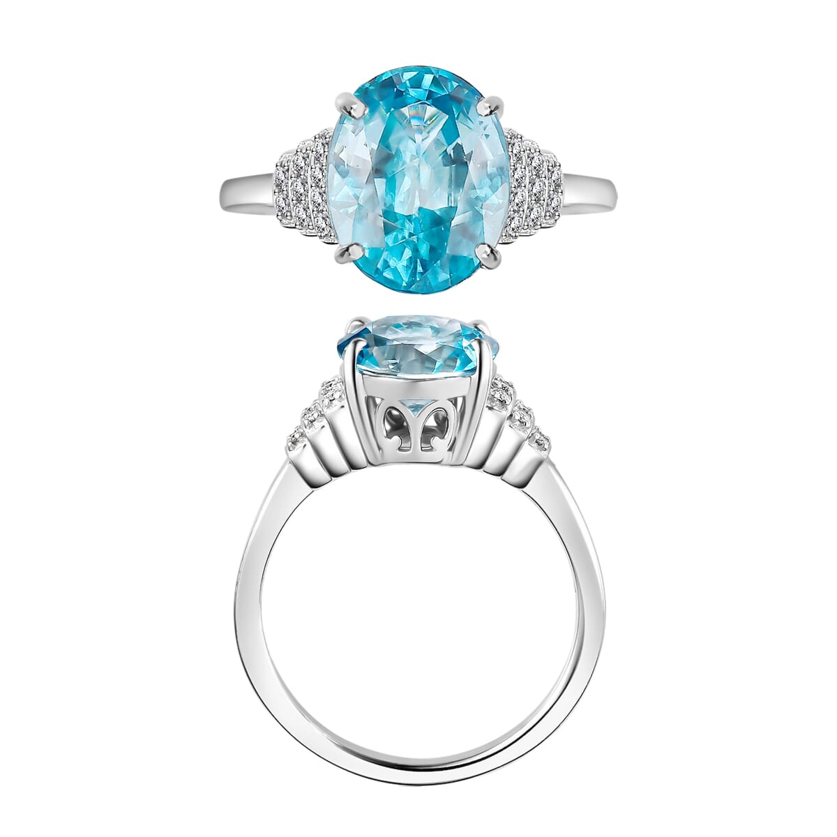 D'Joy Cambodian Blue Zircon and Diamond 5.60 ctw Ring in Rhodium Over Sterling Silver (Size 8.0) image number 3