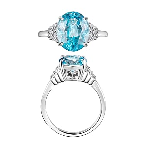 Cambodian Blue Zircon and Diamond 5.60 ctw Ring in Rhodium Over Sterling Silver (Size 9.0) (Del. in 10-12 Days)