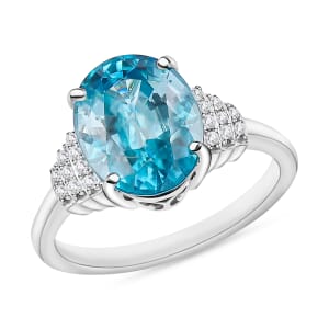 Luxoro Premium Cambodian Blue Zircon and G-H I2 Diamond 5.60 ctw Ring in 14K White Gold (Size 10.0)