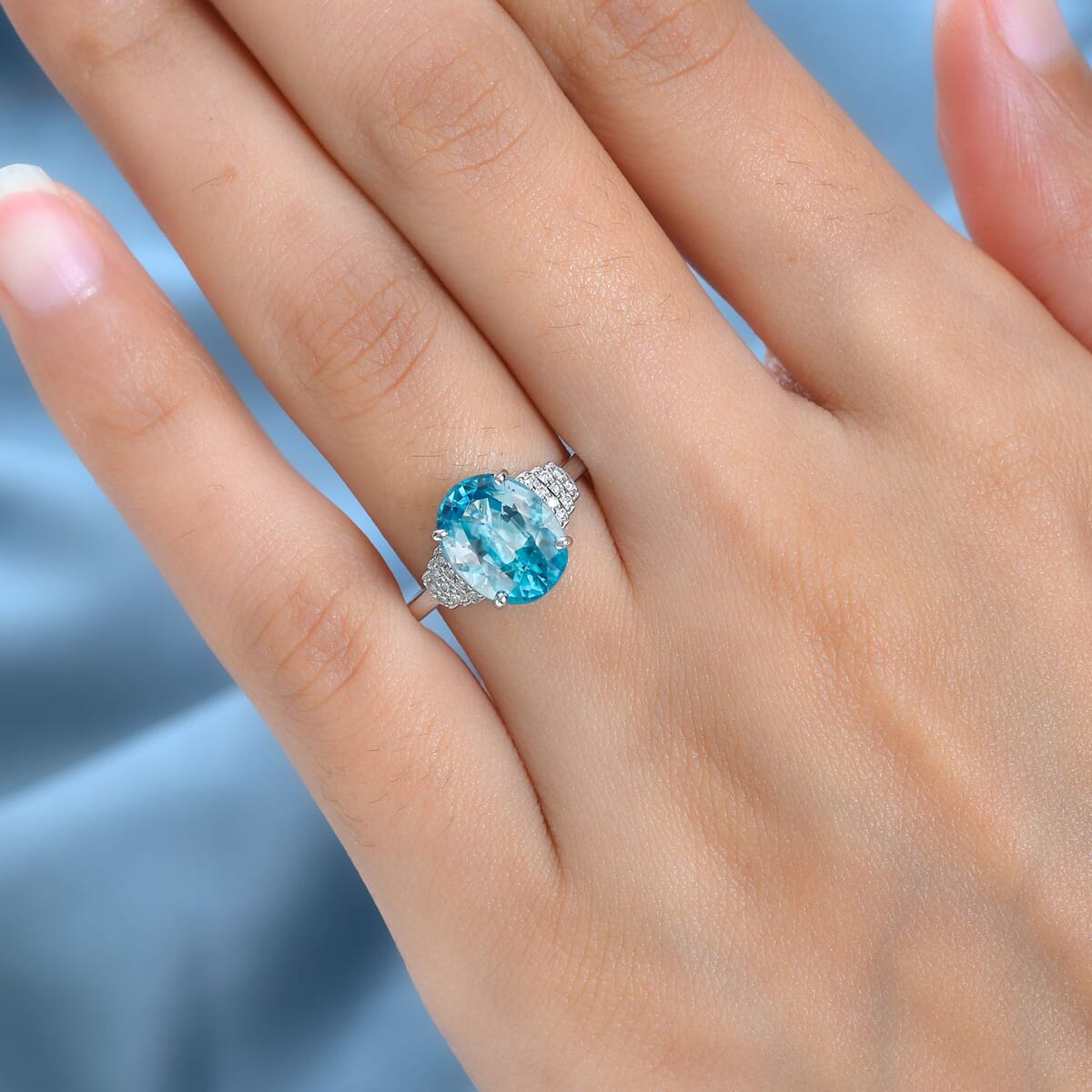 Luxoro Premium Cambodian Blue Zircon and G-H I2 Diamond 5.60 ctw Ring in 14K White Gold (Size 10.0) image number 1