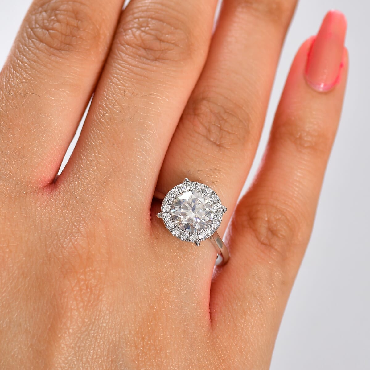 Moissanite 2.10 ctw Halo Ring in Rhodium Over Sterling Silver (Size 11.0) image number 2