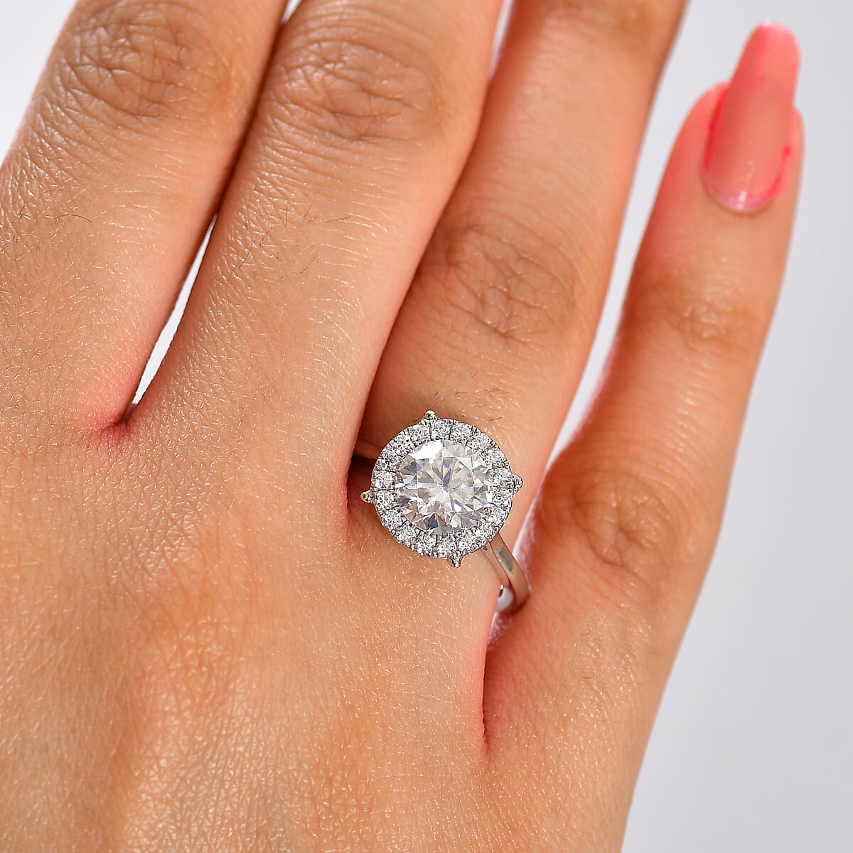 Moissanite 2.10 ctw Halo Ring in Rhodium Over Sterling Silver (Size 5.0) image number 2