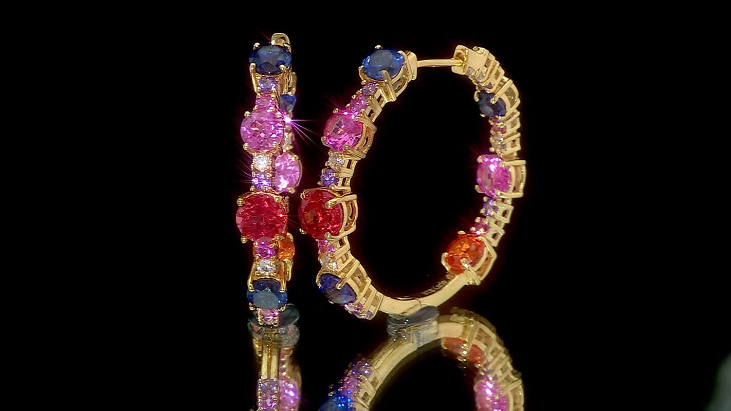 Karis Lab Created Multi Sapphire 11.60 ctw Rainbow Hues Earrings in 18K Yellow Gold Plated