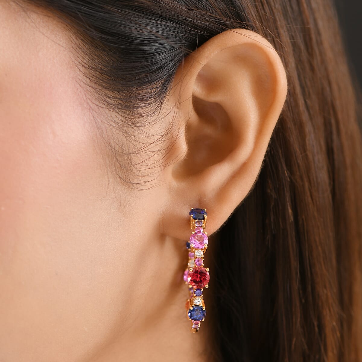Karis Lab Created Multi Sapphire 11.60 ctw Rainbow Hues Earrings in 18K Yellow Gold Plated image number 2