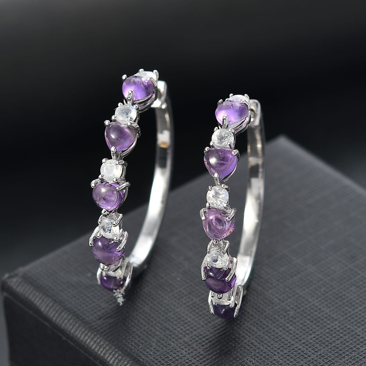 Karis African Amethyst and Rainbow Moonstone 4.65 ctw Hoop Earrings in Platinum Bond image number 1