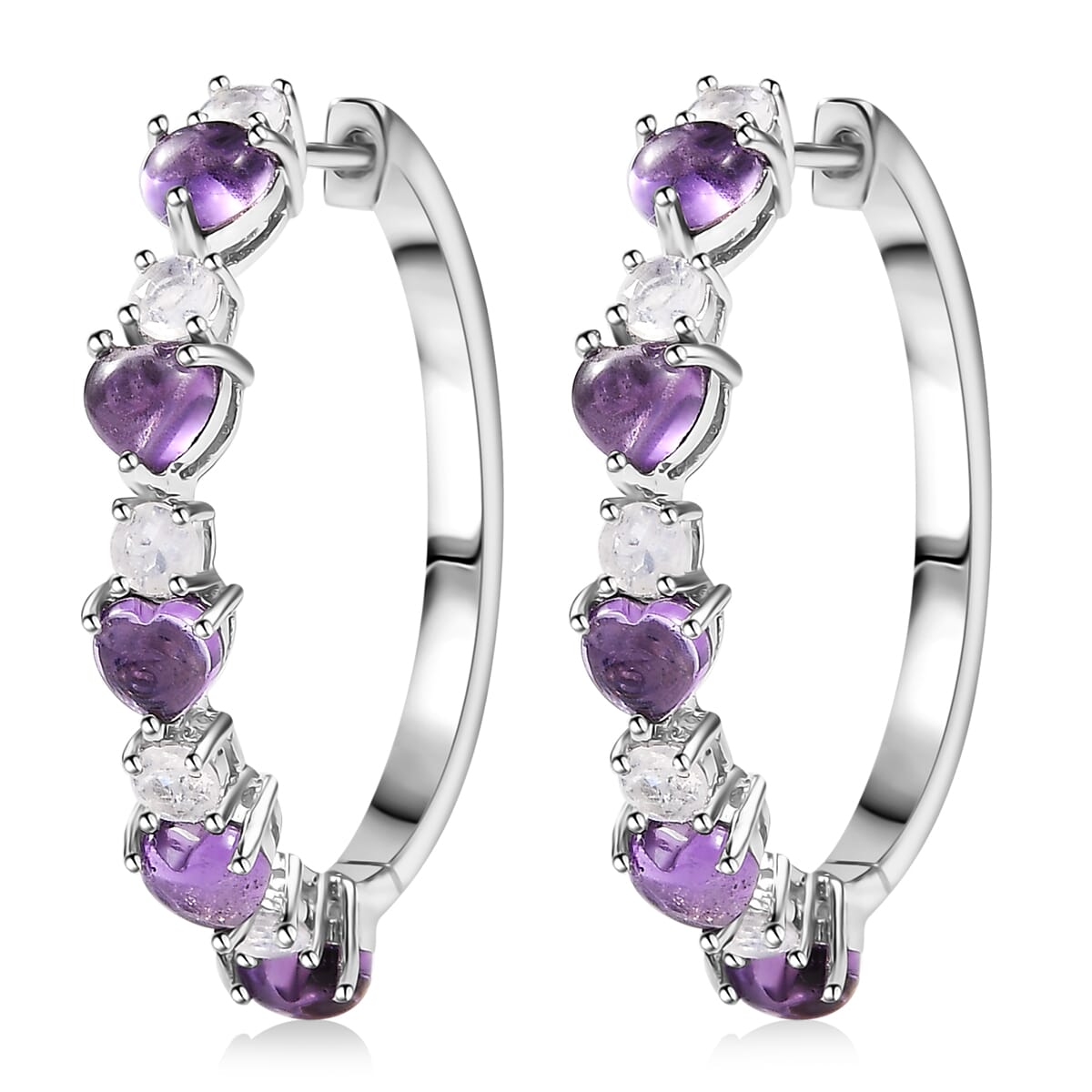 Karis African Amethyst and Rainbow Moonstone 4.65 ctw Hoop Earrings in Platinum Bond image number 3