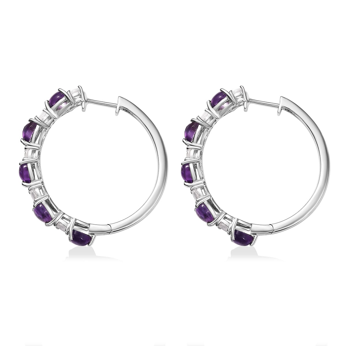 Karis African Amethyst and Rainbow Moonstone 4.65 ctw Hoop Earrings in Platinum Bond image number 4