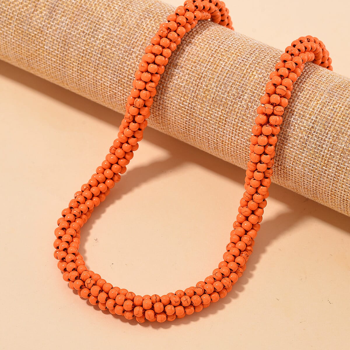 Constituted Orange Howlite 190.00 ctw Beaded Woven Necklace 18-20 Inches in Goldtone  image number 1