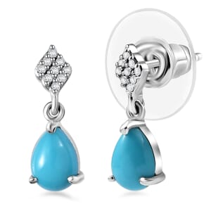 D'Joy Premium Sleeping Beauty Turquoise and White Zircon 1.35 ctw Dew Drop Earrings in Rhodium Over Sterling Silver