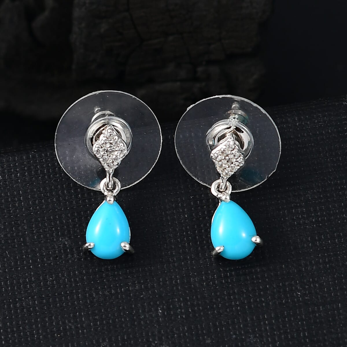 D'Joy Premium Sleeping Beauty Turquoise and White Zircon 1.35 ctw Dew Drop Earrings in Rhodium Over Sterling Silver image number 1