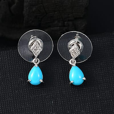 D'Joy Premium Sleeping Beauty Turquoise and White Zircon 1.35 ctw Dew Drop Earrings in Rhodium Over Sterling Silver