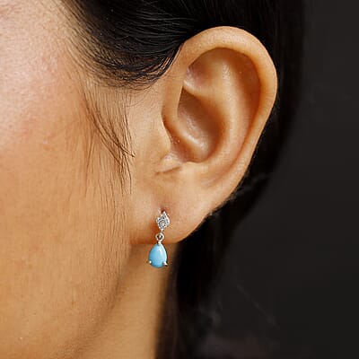 D'Joy Premium Sleeping Beauty Turquoise and White Zircon 1.35 ctw Dew Drop Earrings in Rhodium Over Sterling Silver