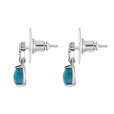 D'Joy Premium Sleeping Beauty Turquoise and White Zircon 1.35 ctw Dew Drop Earrings in Rhodium Over Sterling Silver