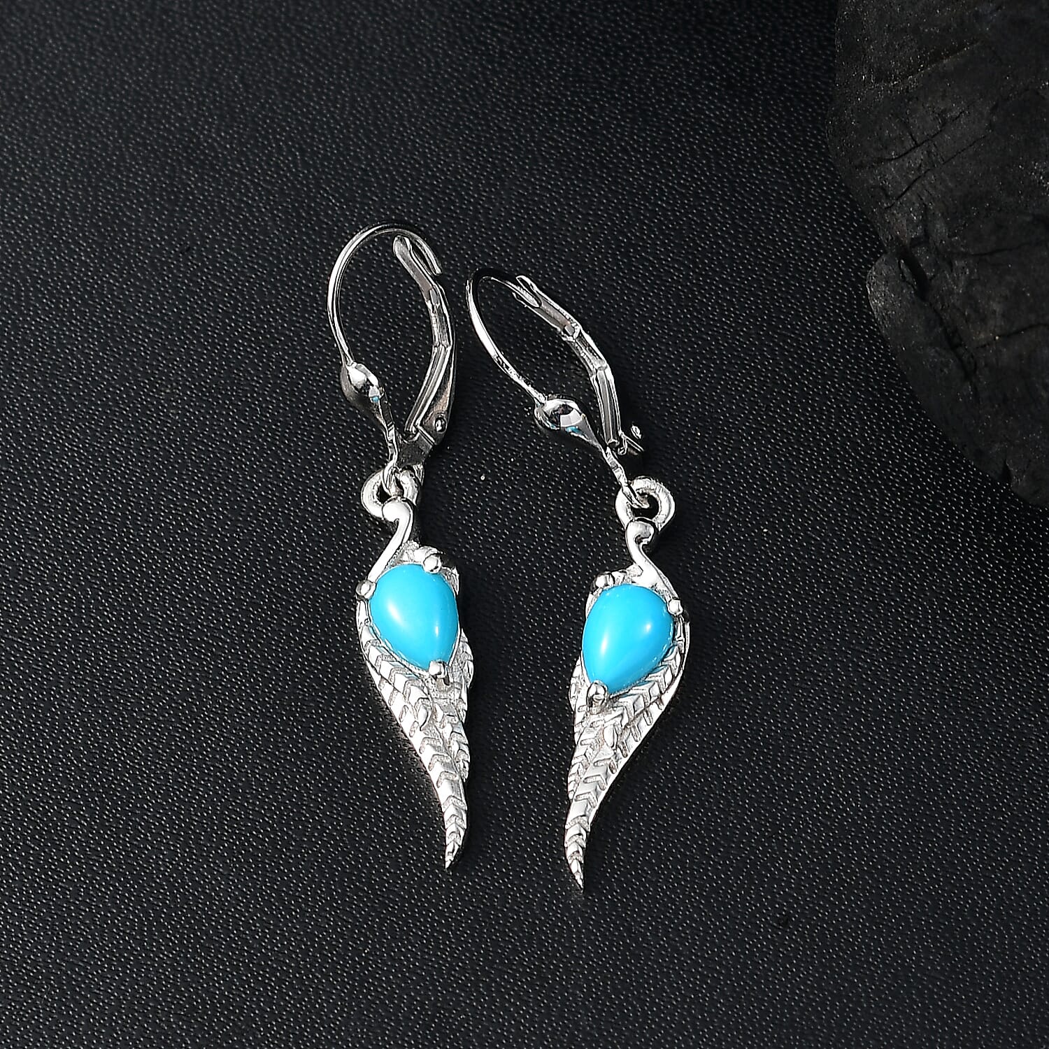 D'Joy Premium Sleeping Beauty Turquoise 1.35 ctw Leaf Earrings in Rhodium Over Sterling Silver