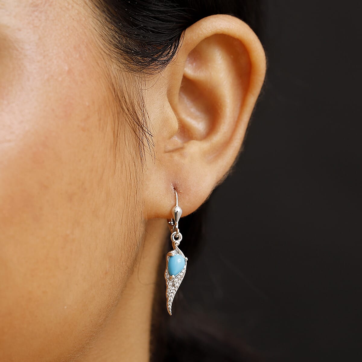 D'Joy Premium Sleeping Beauty Turquoise 1.35 ctw Leaf Earrings in Rhodium Over Sterling Silver image number 2