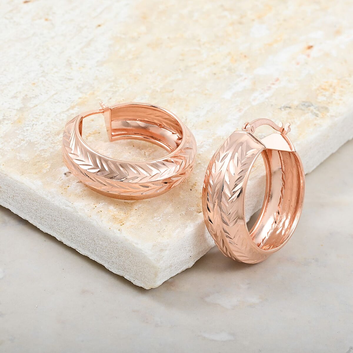 14K Rose Gold Over Sterling Silver Leaf Engraved Hoop Earrings 4 Grams image number 1