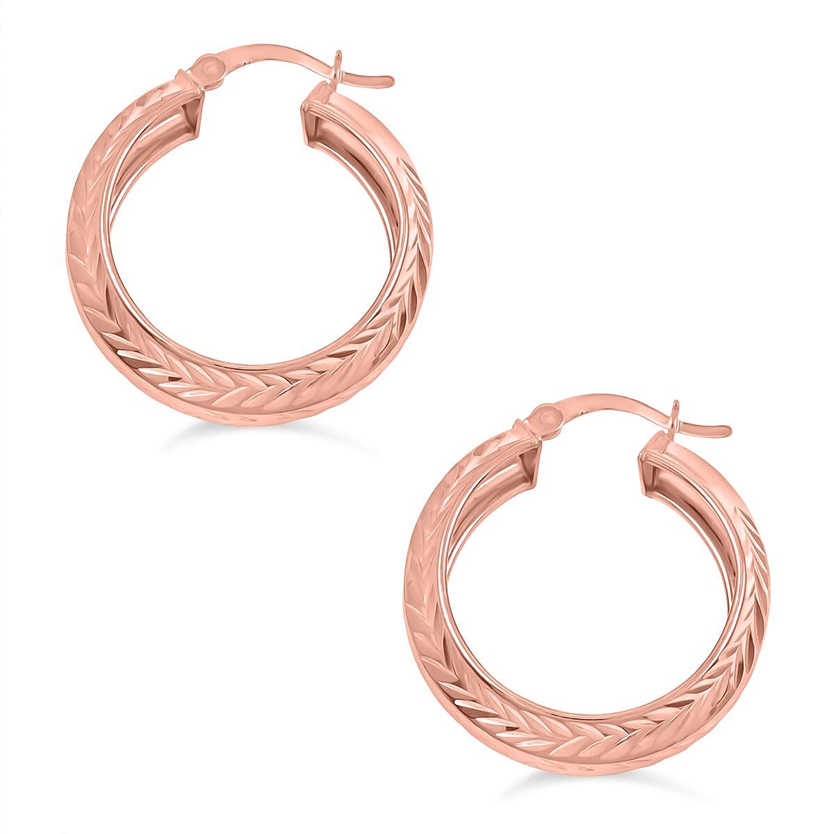 14K Rose Gold Over Sterling Silver Leaf Engraved Hoop Earrings 4 Grams