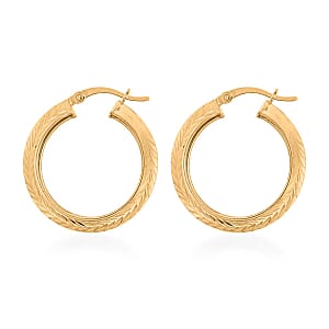 14K YRG Over and Sterling Silver Leaf Engraved Hoop Earrings 4 Grams