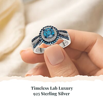 Luxuriant Lab Grown Blue Diamond (IR) and Lab Grown White Diamond SI 1.00 ctw Midnight Serenade Ring in Rhodium Over Sterling Silver (Size 10.0)
