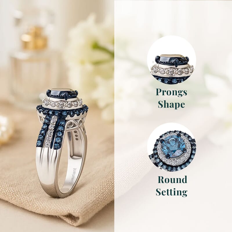 Luxuriant Lab Grown Blue Diamond (IR) and Lab Grown White Diamond SI 1.00 ctw Midnight Serenade Ring in Rhodium Over Sterling Silver (Size 10.0)