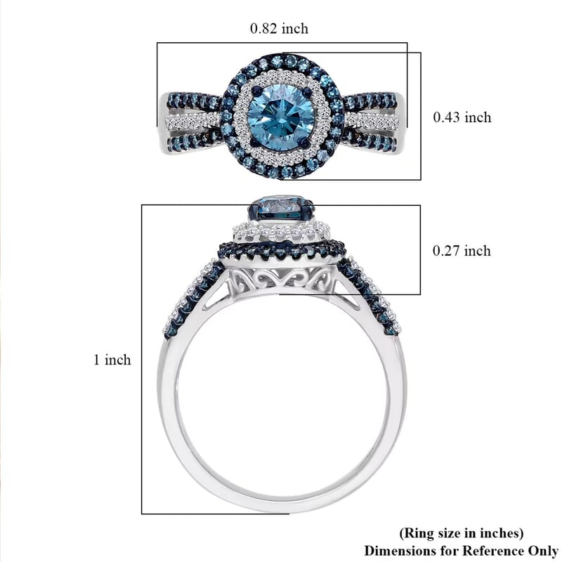 Luxuriant Lab Grown Blue Diamond (IR) and Lab Grown White Diamond SI 1.00 ctw Midnight Serenade Ring in Rhodium Over Sterling Silver (Size 10.0)
