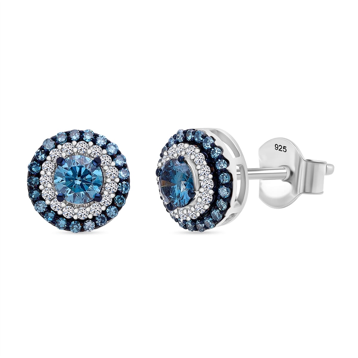 Luxuriant Lab Grown Blue and White Diamond SI 1.00 ctw Double Halo Earrings in Rhodium Over Sterling Silver image number 0