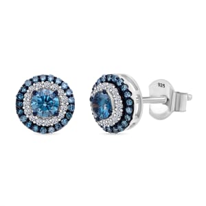 Luxuriant Lab Grown Blue and White Diamond SI 1.00 ctw Double Halo Earrings in Rhodium Over Sterling Silver