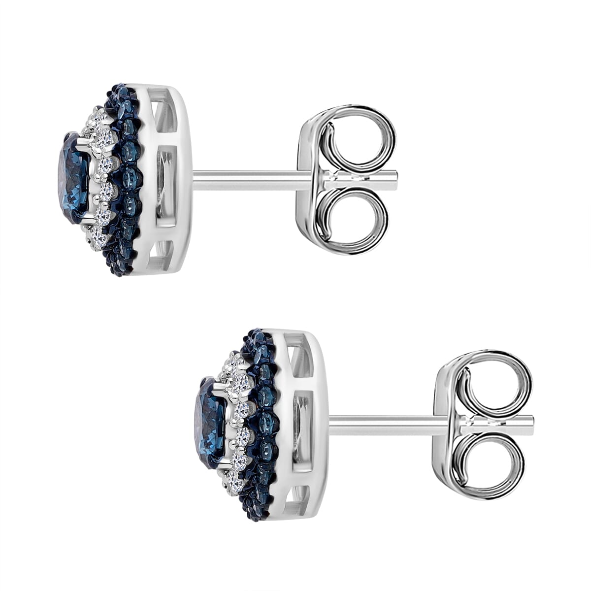 Luxuriant Lab Grown Blue and White Diamond SI 1.00 ctw Double Halo Earrings in Rhodium Over Sterling Silver image number 1