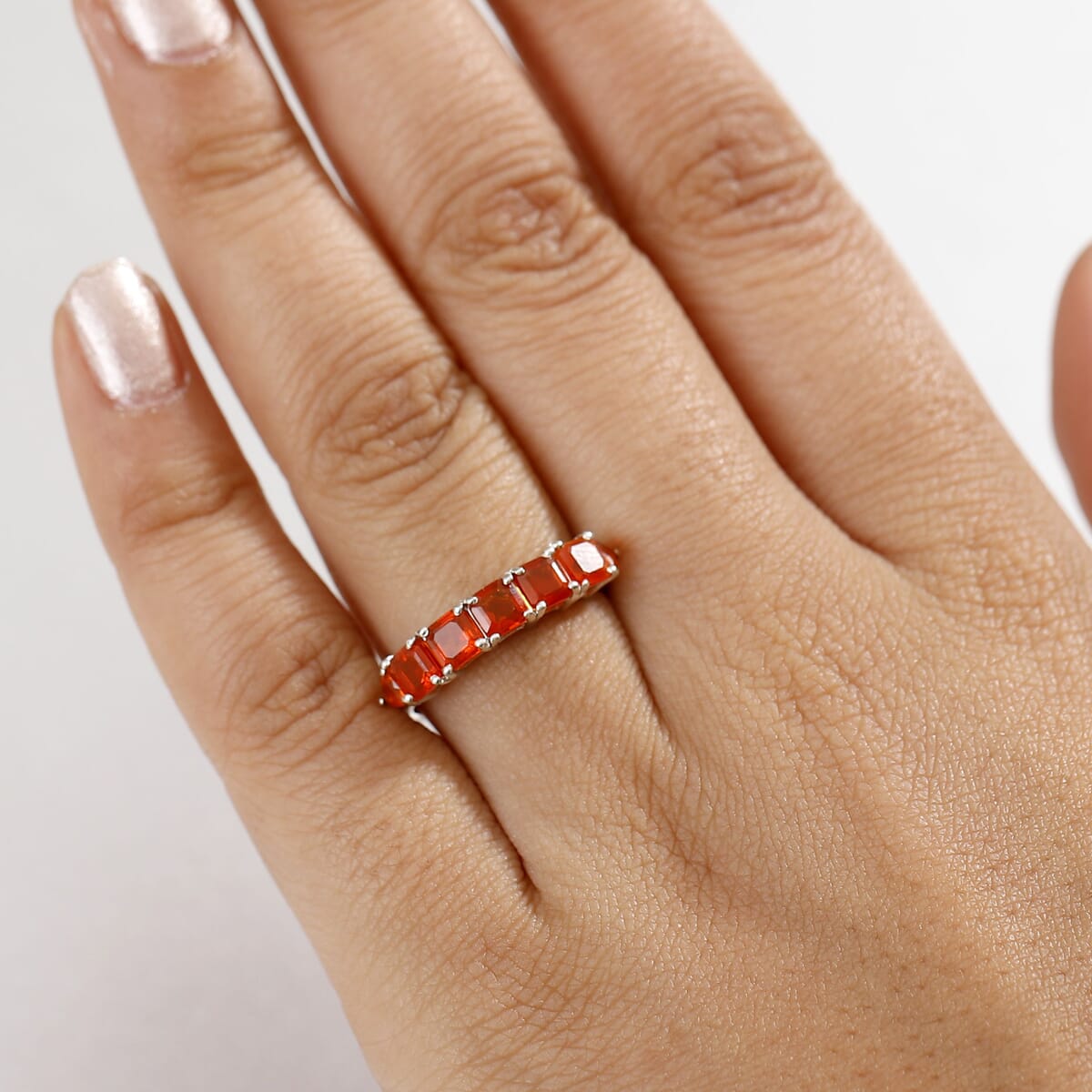 D'Joy Crimson Fire Opal 1.65 ctw Blazing Eternity Ring in Rhodium Over Sterling Silver (Size 10.0)  image number 2