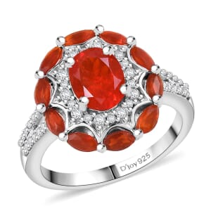 D'Joy Crimson Fire Opal and White Zircon 2.25 ctw Sunflare Halo Ring in Rhodium Over Sterling Silver (Size 10.0)