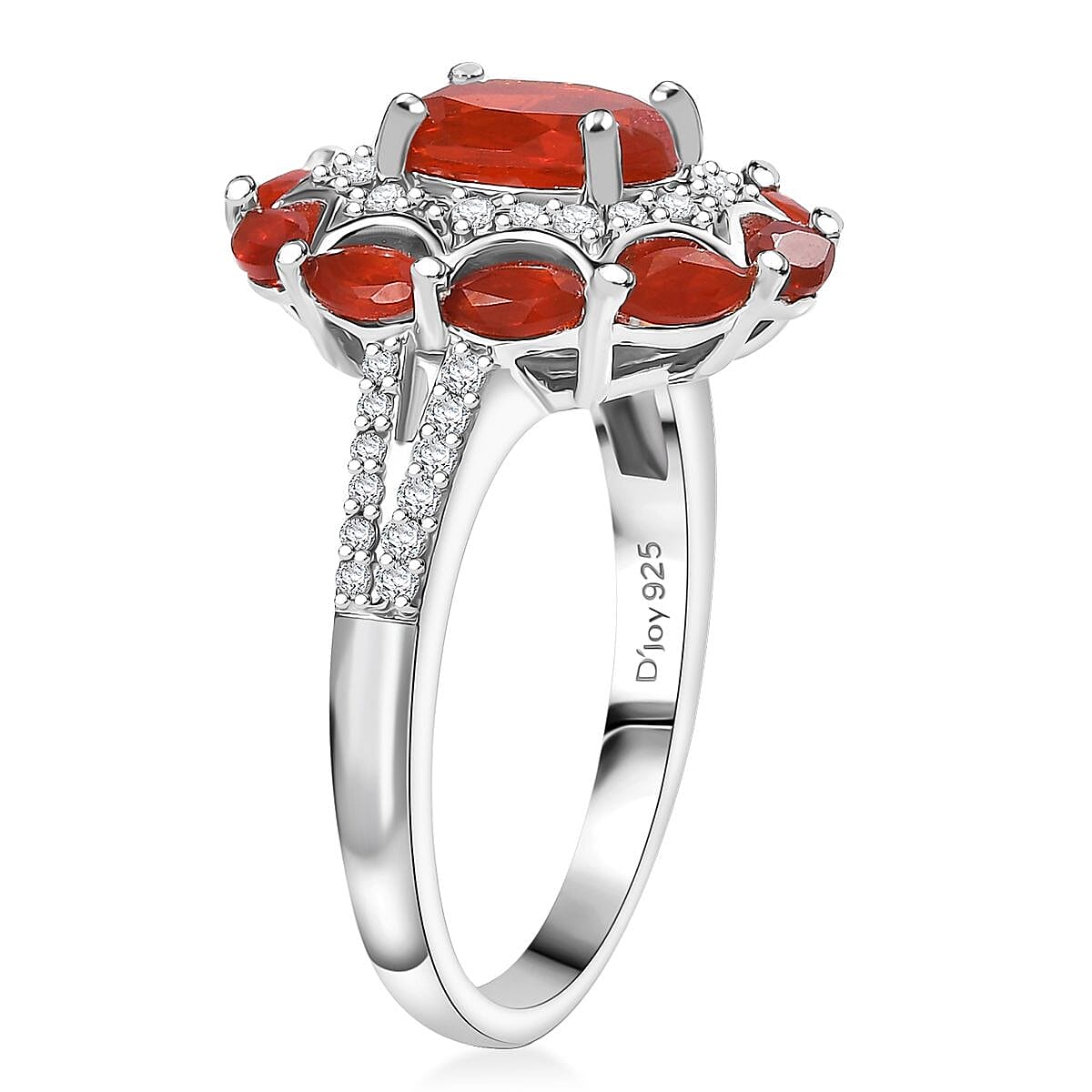D'Joy Crimson Fire Opal and White Zircon 2.25 ctw Sunflare Halo Ring in Rhodium Over Sterling Silver (Size 6.0) image number 3
