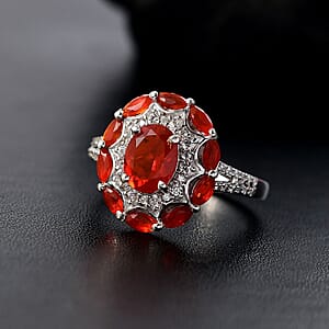 D'Joy Crimson Fire Opal and White Zircon 2.25 ctw Sunflare Halo Ring in Rhodium Over Sterling Silver (Size 7.0)
